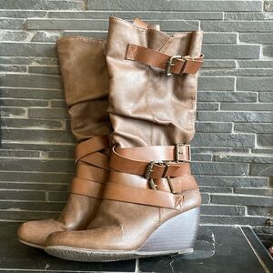 {%} Dark brown calfhigh heeled boots by Blowfish. {%}